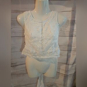 Self Esteem Crochet Lace Tank Top XS White Boho Tie Back Crop Top Festival